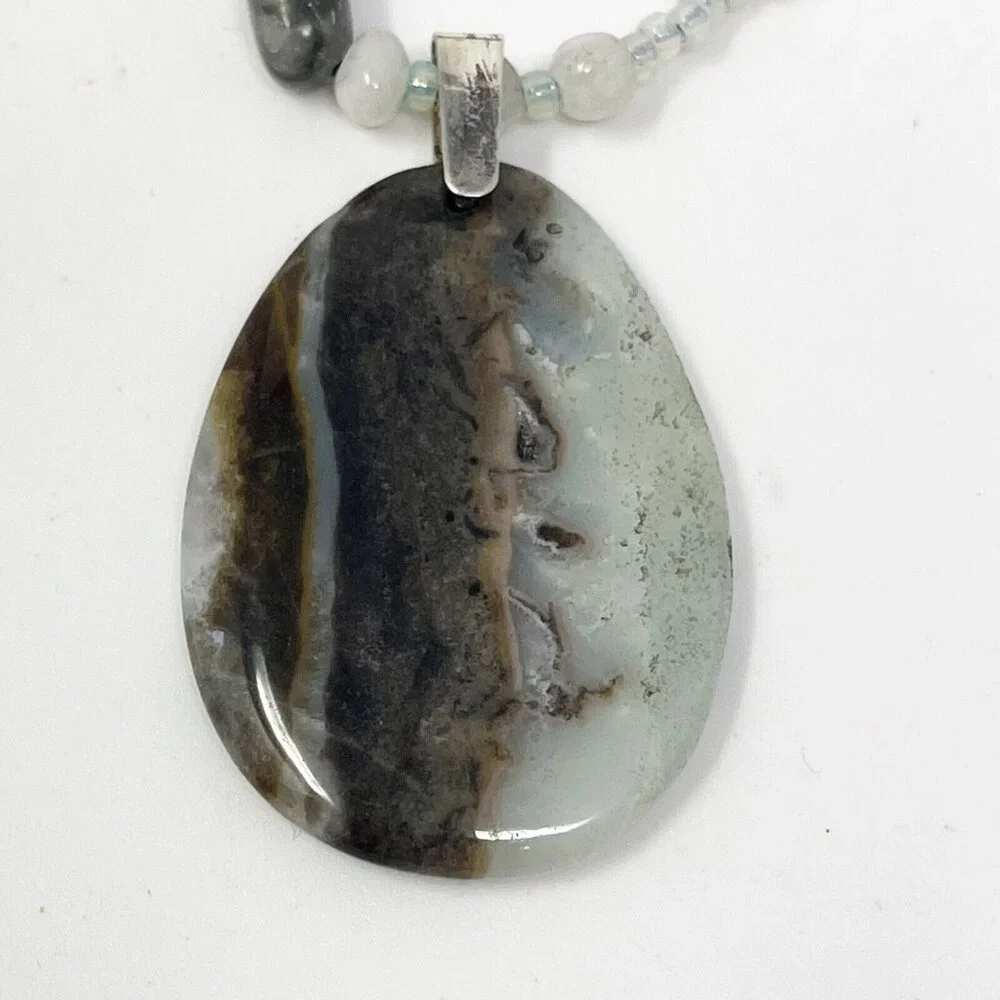 Artisan 925 Sterling Silver Banded Agate Stone Pendant Statement Necklace